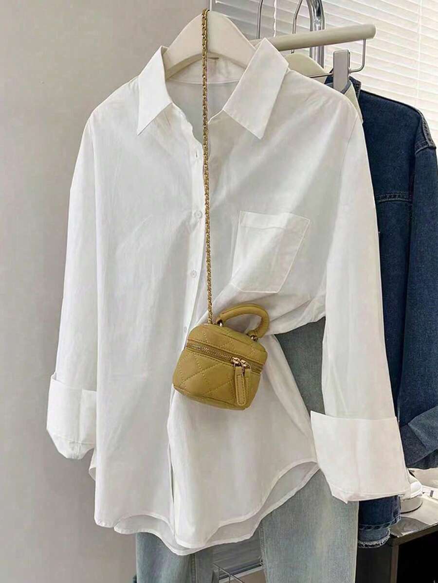 INAWLY Women's Solid Color Front Button Long Sleeve Pocket Casual Shirt Fall Cloth For Women - White - View 1