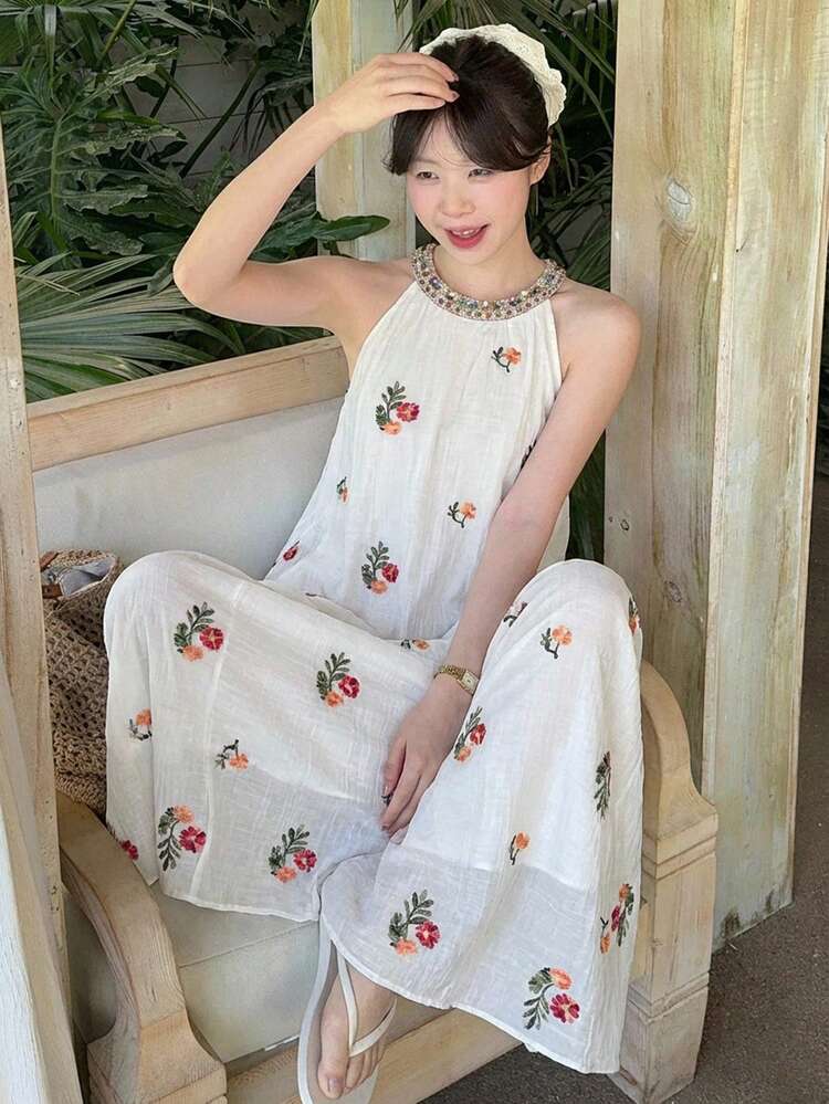 Embroidered Floral Sleeveless Dress, Vacation Style, For Teenagers (Girls), Spring/Summer Sun Dresses For Women