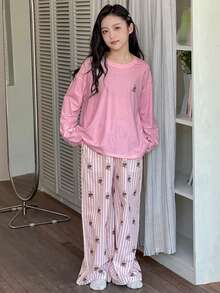 Dazy Kids 青少年女孩卡通熊印花長袖上衣與長褲睡衣套裝 秋季 - 粉色 - 查看 2