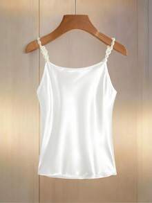 SHEIN Women's Elegant Fashionable Minimalist Versatile Pearl Chain Halter Satin Camisole, Spring/Summer - White - View 2