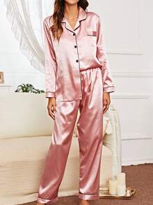 LuxeNights 撞色滚边缎面睡衣套装，秋冬舒适优雅细节 - 藕粉色 - 查看 4