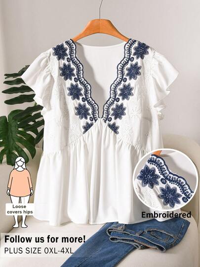 CosyJoli Blusa de manga corta para mujer talla grande, blusa bordada, ropa casual para mujer