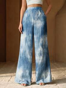 Anewsta Pantalones rectos, sueltos y casuales de cintura alta con bolsillos para mujer - Azul - Ver 2