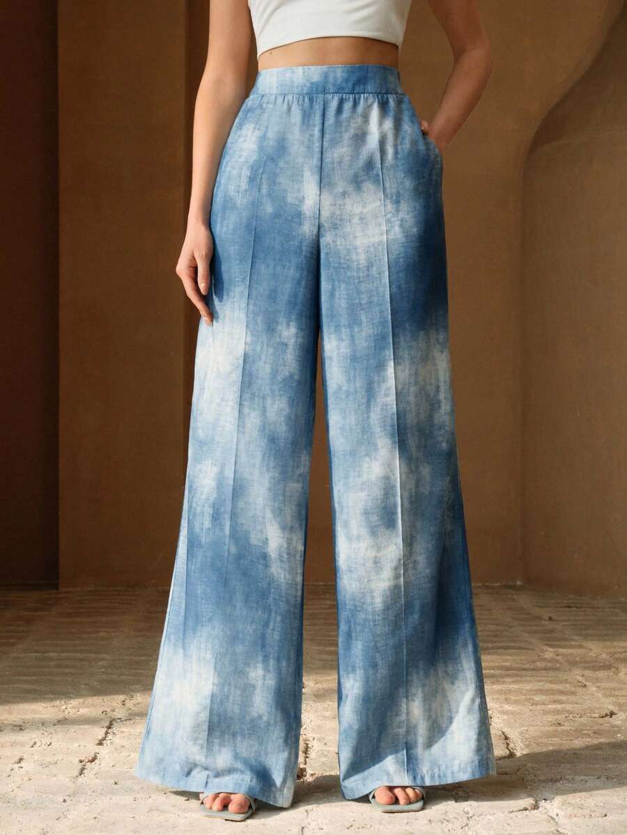 Anewsta 女士高腰口袋直筒宽松休闲日常裤 - 藍色 - 查看 1