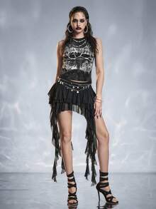 ROMWE Grunge Punk Top corto ajustado de estilo punk con cadena y red de pesca rasgada para mujeres - Negro - Ver 2