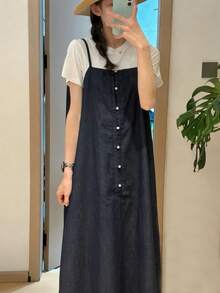 FRIFUL Women's Solid Color Button Decor Casual Denim Cami Dress - Dark Wash - View 6