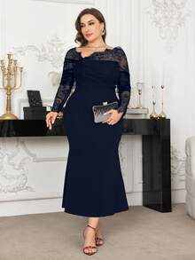 Modelyn Plus Size Women Elegant Lace Patchwork Off-Shoulder Fitted Dress, Spring/Summer Fall - Navy Blue - View 3