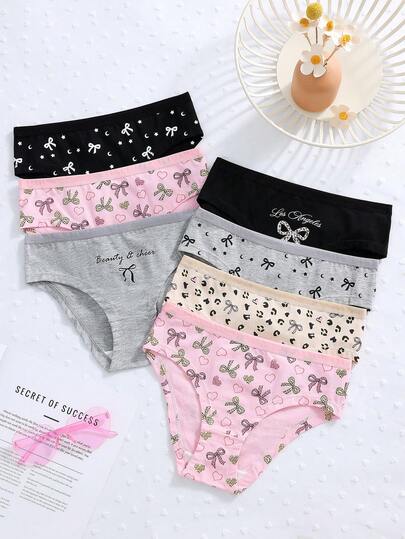 7pcs Girls' Heart, Star, Line Print Cartoon Cute Fashionable Briefs For Older Tween Girl