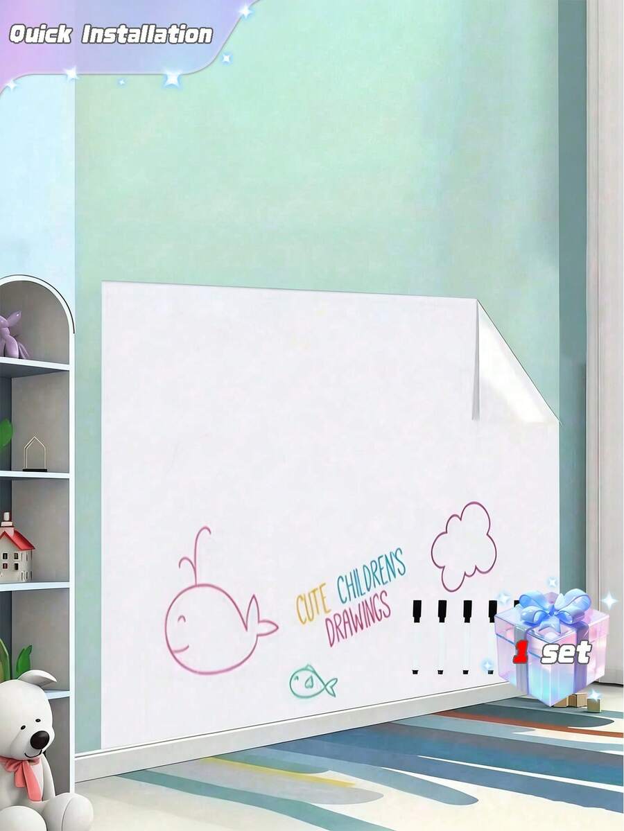 1 Rolle dicke selbstklebende, abnehmbare Whiteboard Wandaufkleber, kommt mit 5 schwarzen wasserbasierten Stiften, hergestellt aus dickem Vinyl Material, geeignet zum Schreiben und Zeichnen, verwendbar im Büro und für Heimdekoration - Whiteboard-Wand/5 kostenlose wasserbasierte Stifte - Übersicht 1