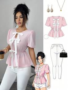 SHEIN Elenzya Women's Casual Bow Decor Round Neck Short Sleeve T-Shirt, Versatile For Daily Wear - Pink - View 3