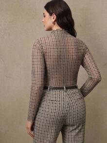 Anewsta 大码时尚复古棕色格子修身轻薄长袖夏季上衣 - 棕色 - 查看 2