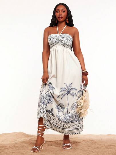 Radiana Plus Size Women's Spring/Summer Fashion Casual Sexy Elegant Romantic Vacation Blue & White Porcelain Coconut Tree Print Tube Top Versatile Elastic Waist Swing Dress
