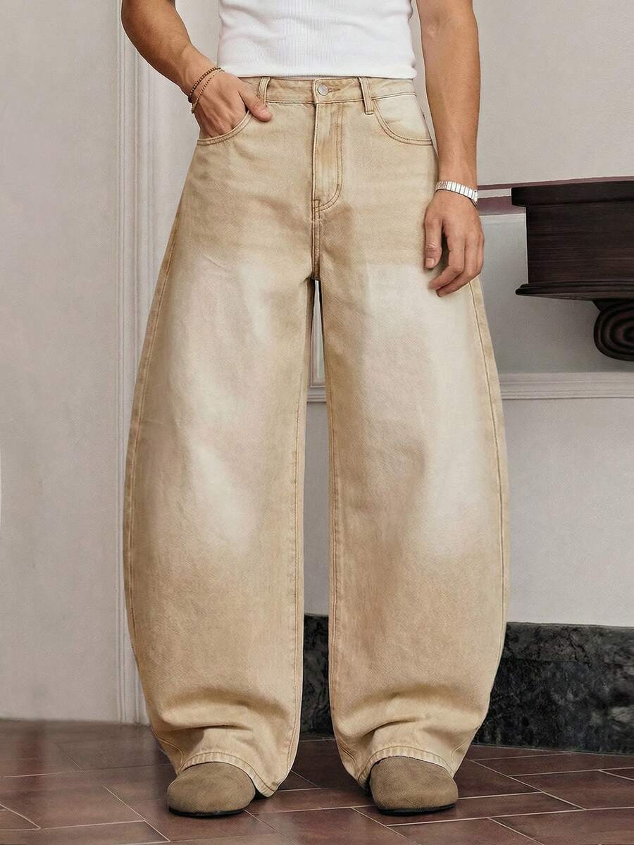 SWAVVY Men's Loose Casual Flared Pocket Jeans - Khaki - View 1