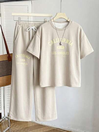 超大灰色印花短袖T恤套装，适合青少年女孩，休闲街头风，宽松舒适，百搭，适合夏季、度假、旅行、上学、日常穿着。