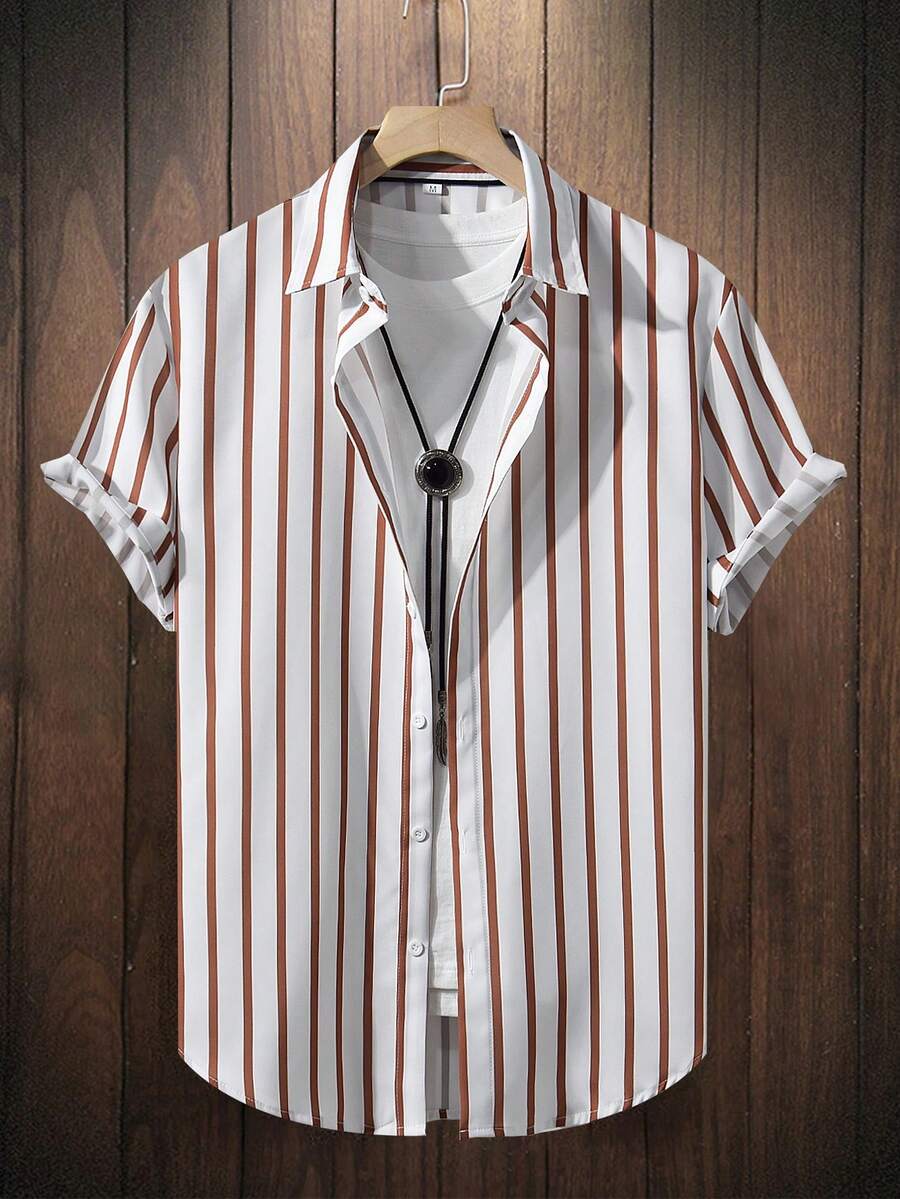 Manfinity Homme Men Random Vertical Striped Shirt Without Tee Stripe Shirt For Menstriped Shirt Menstripe Shirtmen Summer Shirt - Brown - View 1