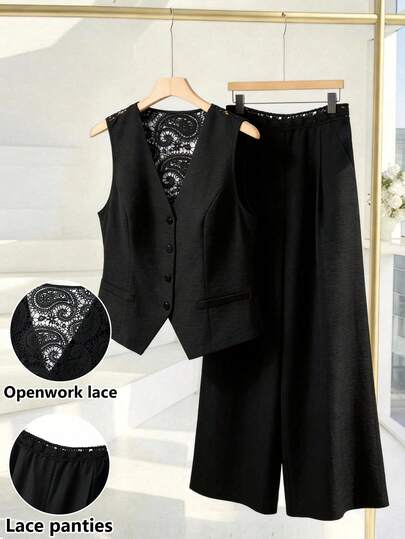 GlowEve CURVE 2pcs Plus Size Women Elegant Solid Color V-Neck Embroidered Lace Hollow Back Tank Top And Waist Ruffle Hem Long Straight Pants Set 2 Piece Sets Woman Elegant Vest And Pants Set Women Formal Two Piece Set
