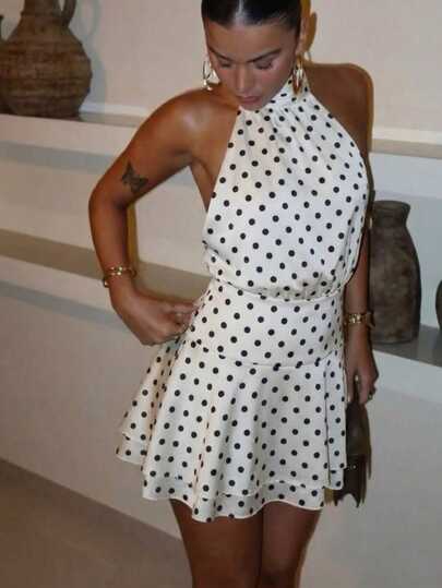 SHEIN SXY Women's Polka Dot Halter Mini Dress For Dates & Parties, High Neck Dress, Poka Dots, Polka Dot Dress Women, Polka Dot Mini Dress, Halter Neck Dress, Polka Dots, Classy Summer Dress Whimsical,Sundress