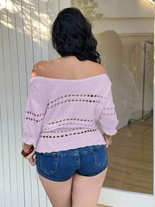 Sunnyshic 女士休闲简约优雅浪漫温柔日常通勤街头风百搭度假野餐设计感上衣，年轻露肩短袖抽绳镂空荷叶边杏色收腰大码套头衫时尚针织钩编毛衣，春夏新款女式上衣，女士沙滩上衣，女士针织罩衫，女士夏季上衣，女士露肩上衣，最新款上衣，新款上衣 - 紫色 - 查看 2