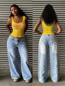 StreetHx Women's Fashionable Casual Versatile Y2K English Print Straight Leg Jeans - Light Wash - View 9