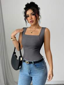 Rafferiza Women's Solid Color Square Neck Pleated Casual Tank Top - Dark Grey - View 3