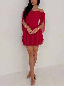 Aloruh 梅紫色浪漫约会/音乐节系带长袖收腰雪纺荷叶边迷你连衣裙（女款） - 紅色 - 查看 6