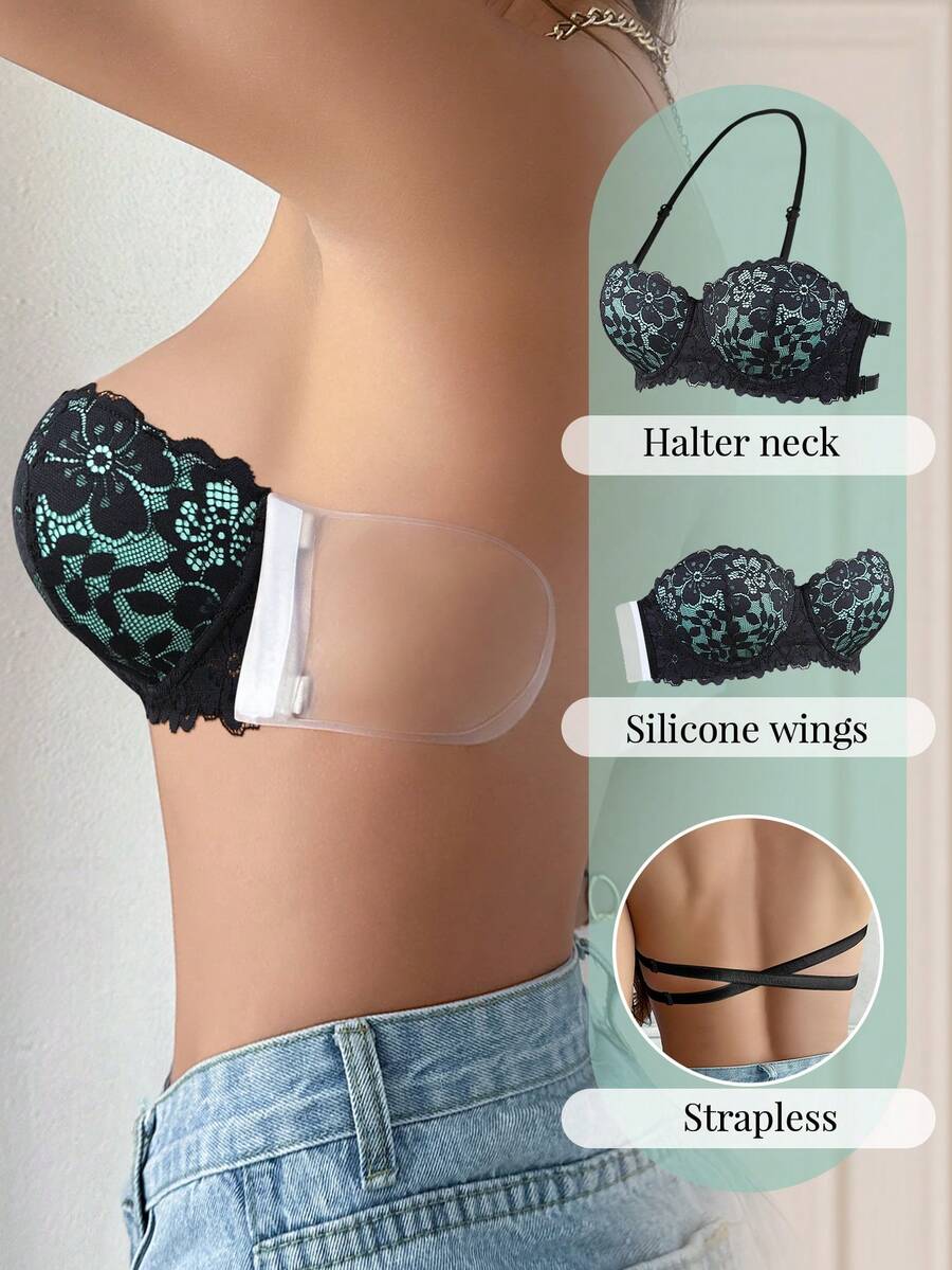 1pc Lace Backless Wireless Bra, Padded Push Up Bra For Small Bust, Invisible Strapless Spaghetti Strap Bra