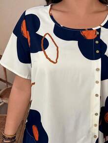 Weeklong Conjunto informal holgado de talla grande para mujer con cuello redondo, gráfico de plantas, botón asimétrico y decoración, 2025 Nuevo - Multicolor - Ver 7