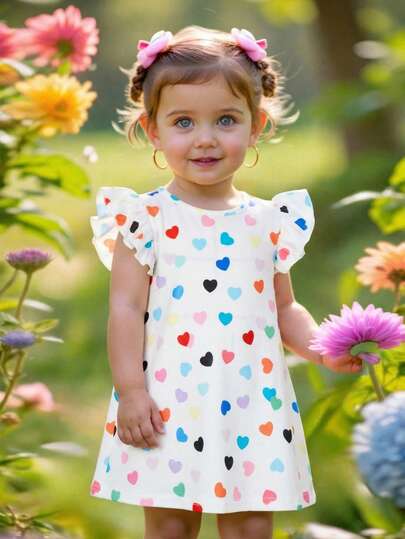 SHEIN Babygirl Cute Casual Knitted Elastic Colorful Pattern Flutter Sleeve Dress, Summer