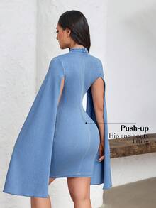 Flexra Đầm ôm sát tay loe bằng vải denim dệt kim - Màu xanh lam - Xem 3