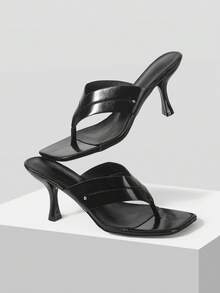 Mnmlis Women Black Square Toe Thong Sandals With Sculptural Heels Elegant Heeled Mules Perfect For Any Occasion. Summer - Black - View 5