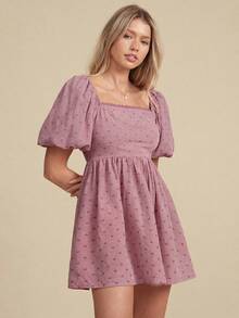 WESTFADE 心形刺绣方领泡泡袖修身喇叭迷你连衣裙 - 粉色 - 查看 4