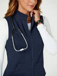 TaskEZ 女士纯色拉链前开襟无袖手术服外套 - 藏蓝色 - 查看 4