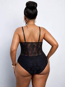 SHEIN PETITE CURVE 大码纯色透视蕾丝拼接性感时尚连体衣 - 黑色 - 查看 2