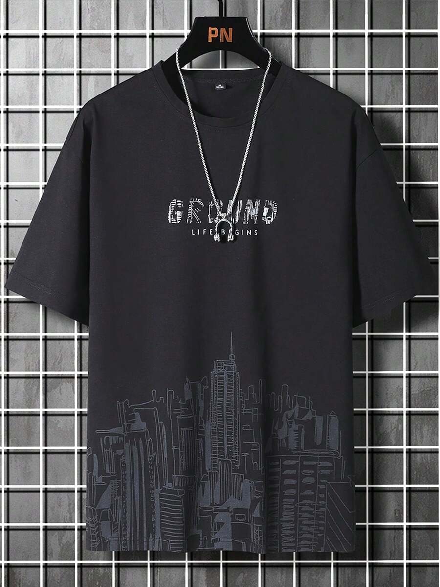 Manfinity Homme 男士休闲建筑字母图案圆领短袖T恤，夏季款 - 黑色 - 查看 1