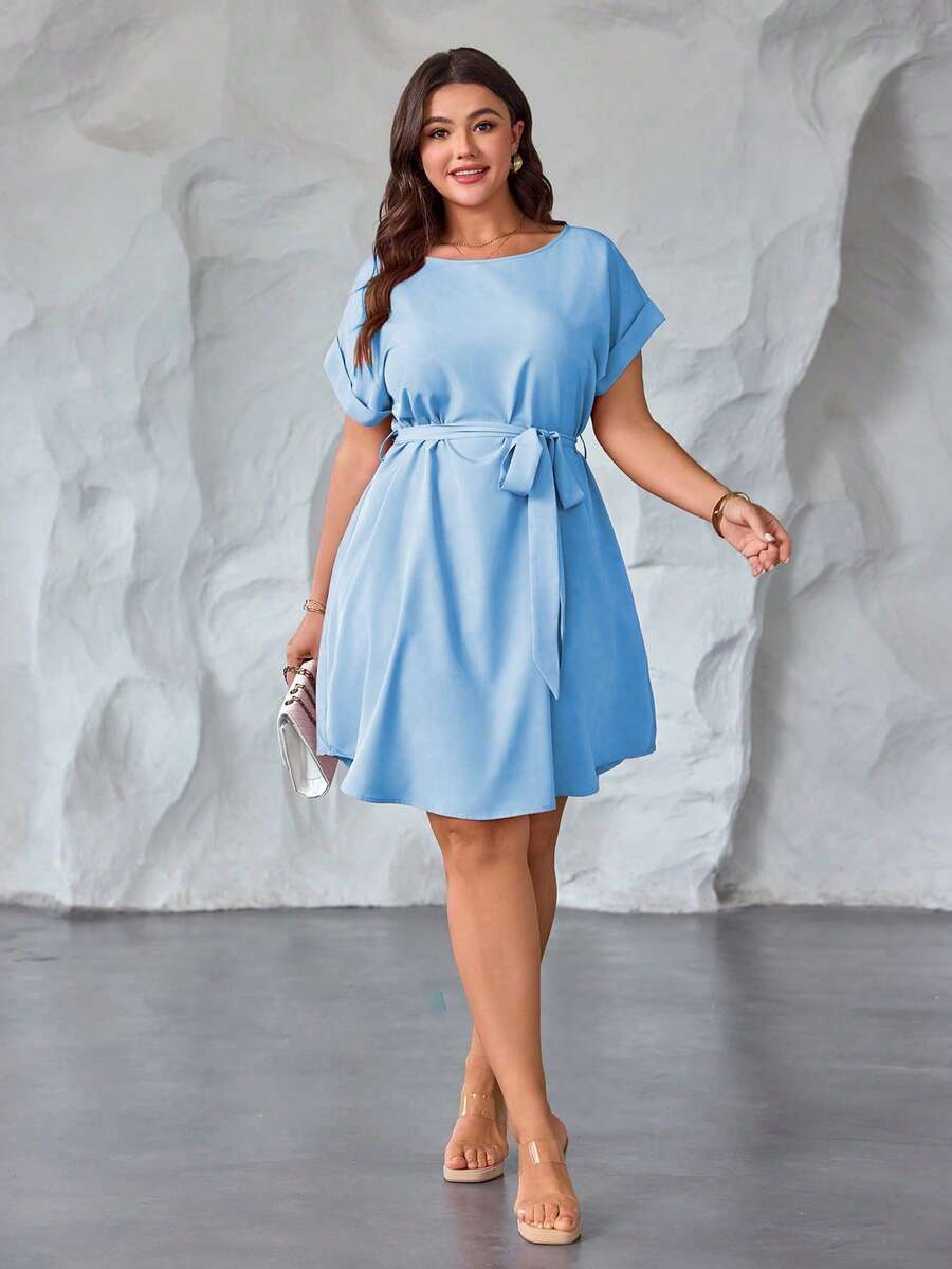 SHEIN Clasi Đầm dệt kim cỡ lớn dành cho nữ, kiểu dáng thường ngày, mùa xuân/hè, tay dài, thắt eo, cổ tròn, màu hồng củ sen. - Màu xanh nhạt - Xem 1