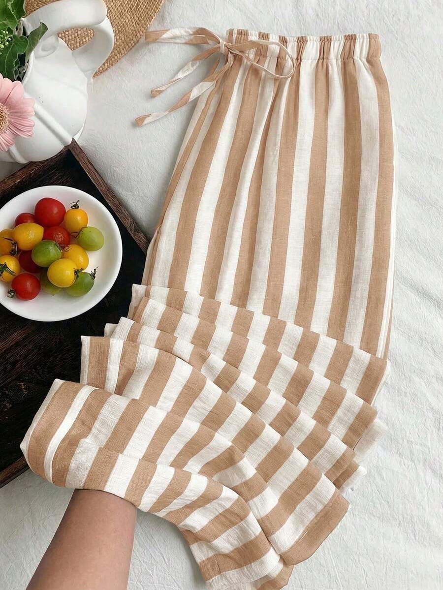 SHEIN EZwear 女士休闲条纹裤 - 卡其色 - 查看 1