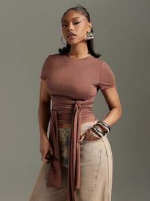 Denimoi Front Drape Tie Detail Top Concert Outfits Fashionable Streetwear It Girl - Brown - View 1