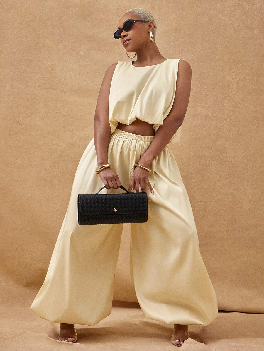 Vixey 休闲无肩带荷叶边编织上衣 - 淡黃色 - 查看 1