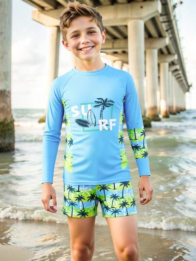 SHEIN Plus Size Boys' Swimwear, Tropical Palm Tree & Letter Print Long Sleeve Rash Guard And Swim Trunks 2-Piece Set, Casual Elegant, Suitable For Boys' Summer Vacation, Swimming, Beach, Pool Activities, Holiday Casual Beach Outfit