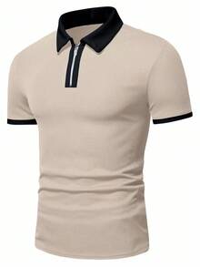 Manfinity Homme 男士對比色短袖休閒通勤 Polo 衫，適用儀式與正式場合 - 卡其色 - 查看 4