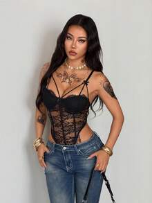 Coolane Women's Summer Festival Club Outfits Sexy Y2K Music Festival Lace Black Slim Fit Bodysuit - Black - View 6