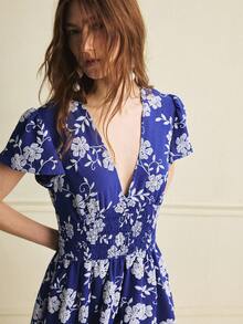 Écloséra 法式复古印花收腰女式夏季连衣裙 - 藏蓝色 - 查看 4