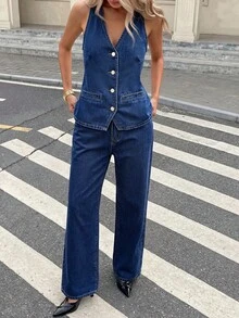 Serisse 女士单排扣吊带上衣和阔腿牛仔裤休闲日常牛仔套装 - 藍色 - 查看 8