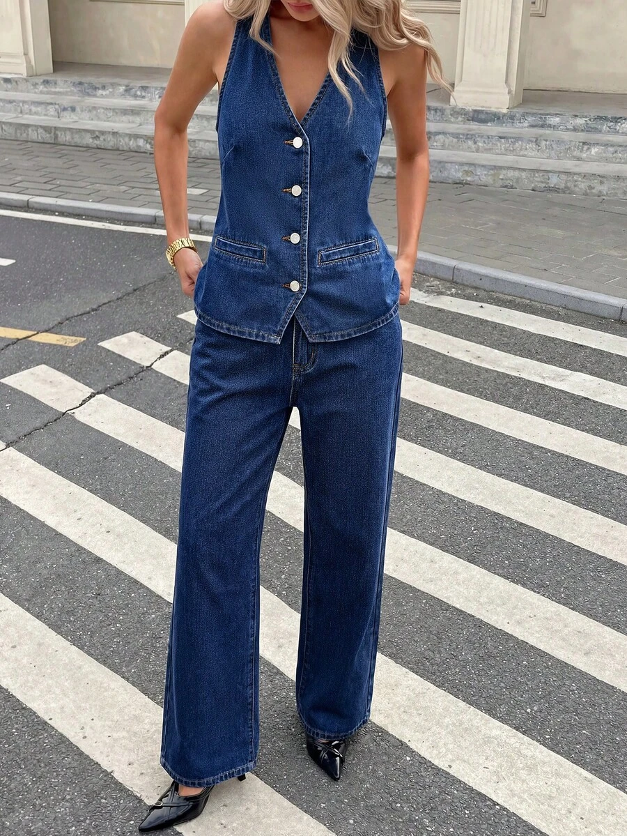 Serisse Women's Single-Breasted Halter Tie Top And Wide Leg Jeans Casual Everyday Denim Set - Blue - View 1