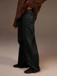 Athîral 女士铆钉直筒宽松牛仔裤，带腰带环 - 黑色 - 查看 6