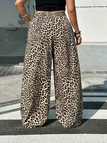 SHEIN EZwear 加大码豹纹抽绳腰裤 - 棕色 - 查看 2