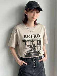 Dazy-Less Loose Fit Short Sleeve T-Shirt With People And Letter Prints Summer,Graphic Tees Preppy Tops - Khaki - View 8