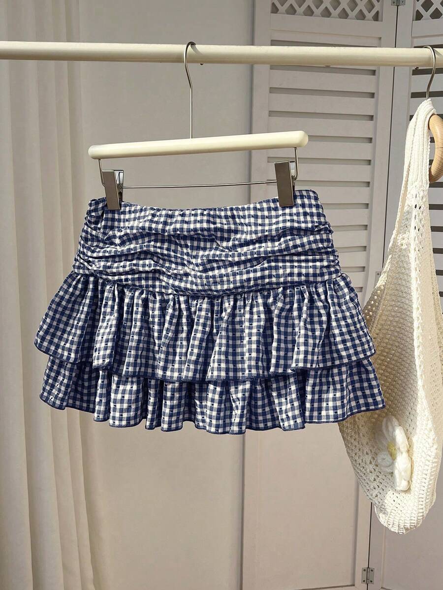 Flirla Women's Red Plaid Ruched High Waist Double-Layer Hem Romantic Vacation Sweet Casual Short Skirt, Spring/Summer - Navy Blue - View 1