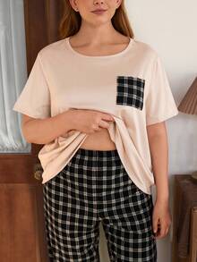 Doze Lane Plus Size Women Plaid Casual Round Neck Short Sleeve Pajama Set Women's Lounge Wear Sets Homewear Women - Apricot - View 5