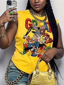 Maweii Women's Crew Neck Cute Cartoon Print Sleeveless Tank Top, Casual Regular Fit Summer Blouse - Yellow - View 6